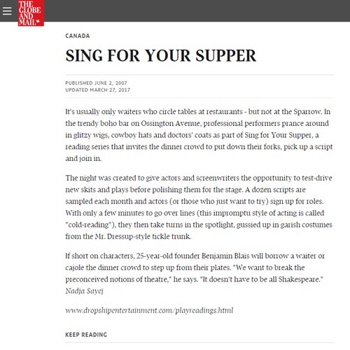 Globe and Mail - Sing For Your Supper